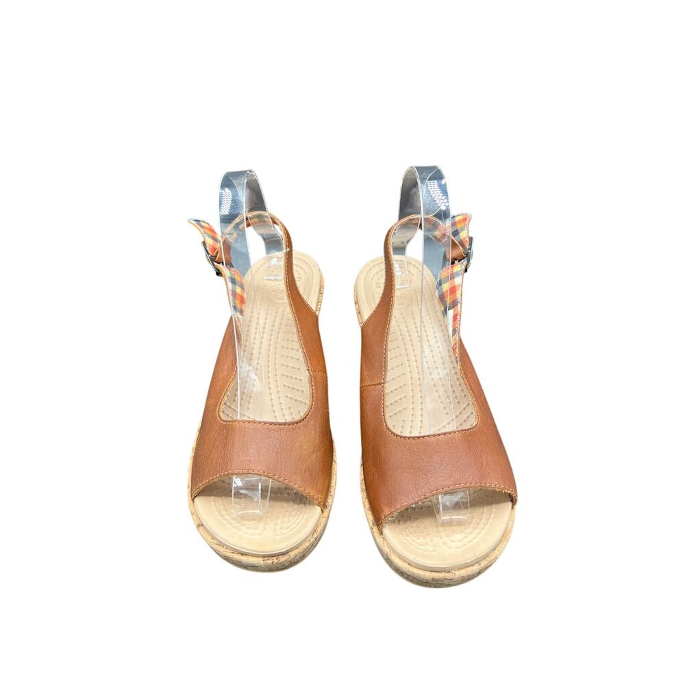 🥿 Crocs Tan Leather Cork Wedge Slingback Sandals Plaid Lining Y2K 2000s - Picture 2 of 6
